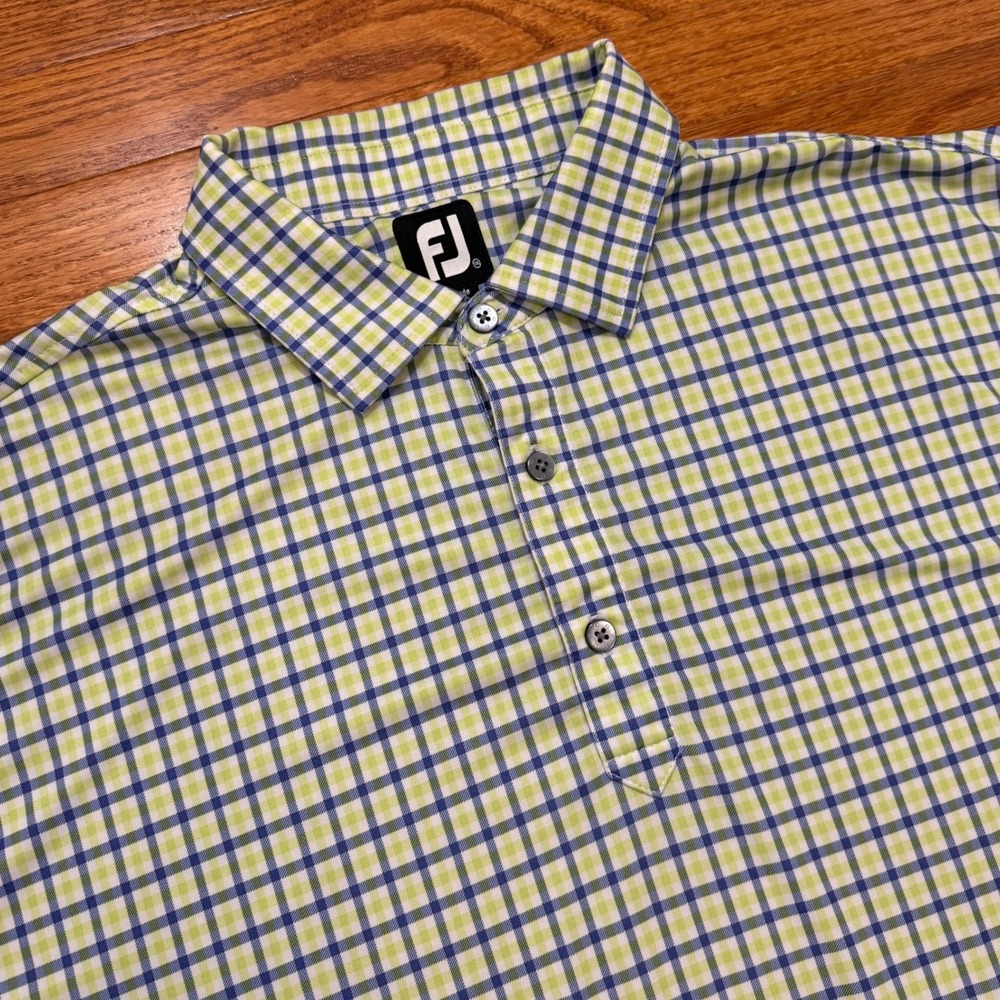 FootJoy Performance Golf Polo Shirt Mens 2XL Lisle Plaid Blue Green Vibrant